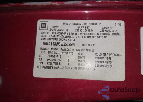 1998 GMC Jimmy Sls z USA, uszkodzony, nr VIN 1GKDT13W8W2532502